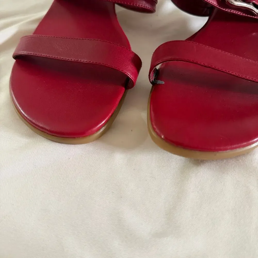 Y2K 2000s Red Leather Block Heel Buckle Sandals 8.5 Grunge Punk